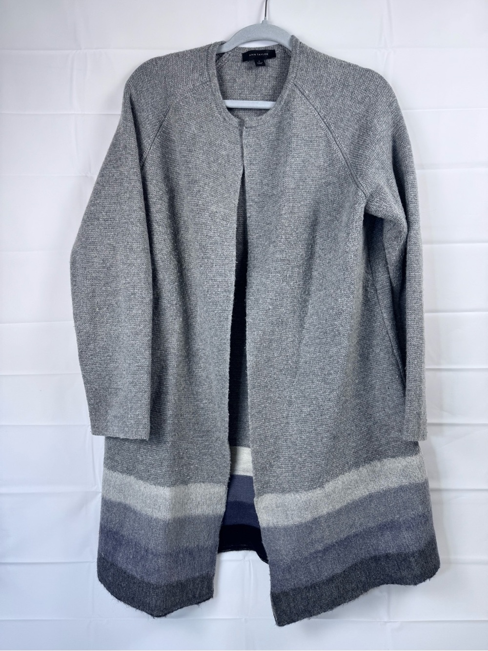 Ann Taylor Gray Open-Front Cardigan with Striped Hem
